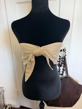 Express Glittery Beige Strapless Smocked Bandeau Top